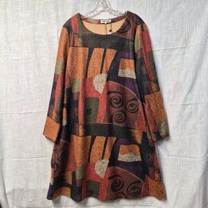 Vivid Linen Abstract Print Long Sleeve Dress XXL Pockets